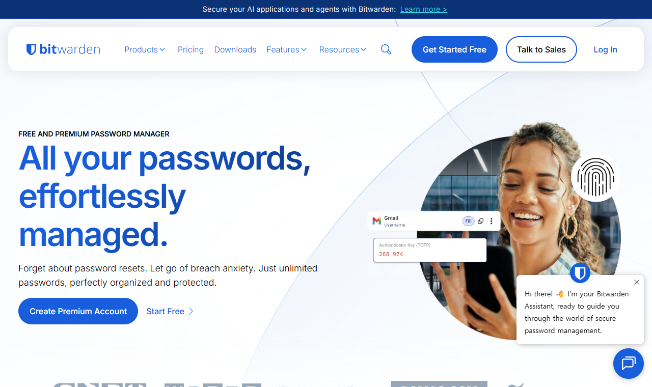 Bitwarden 개인용 비밀번호 관리자 공식 페이지 화면