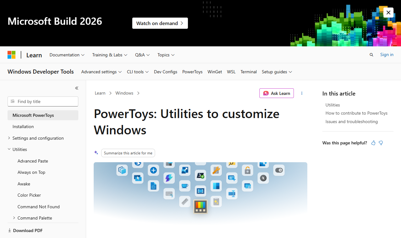 Microsoft Learn의 PowerToys 공식 문서 화면