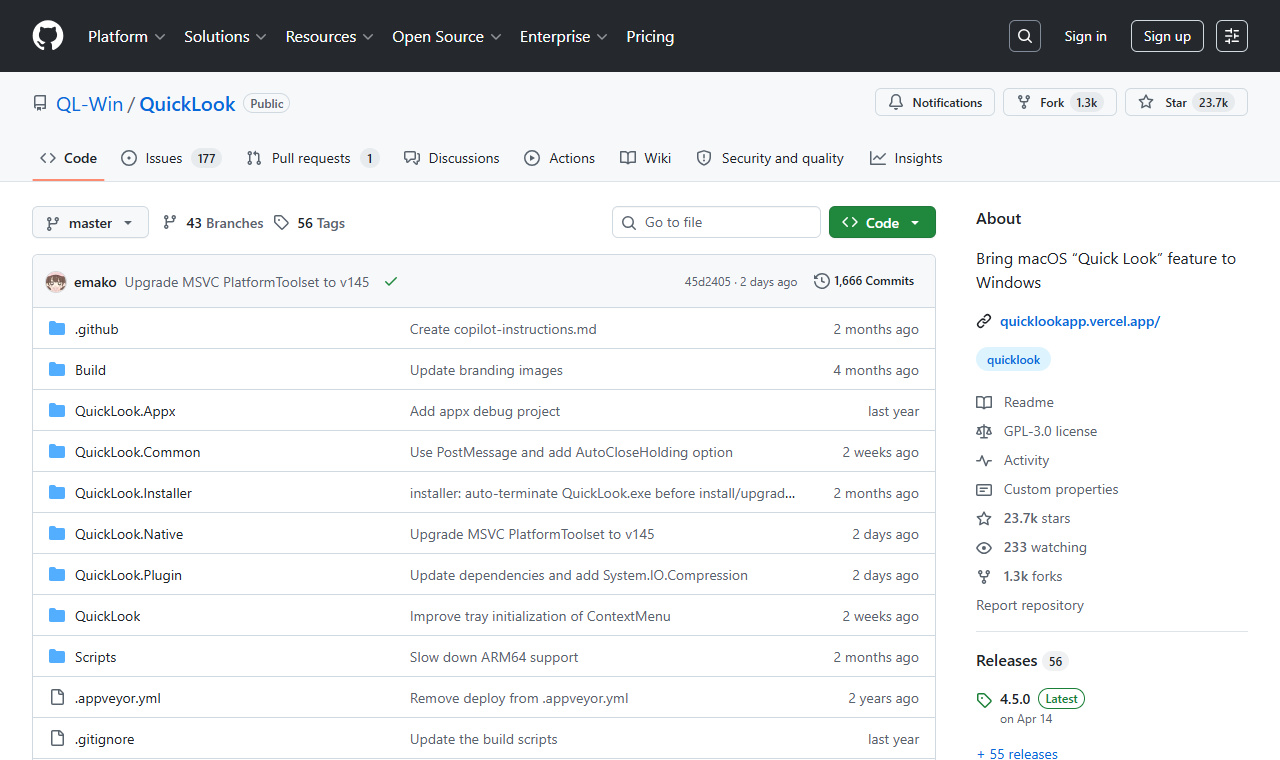 QuickLook GitHub 저장소 화면