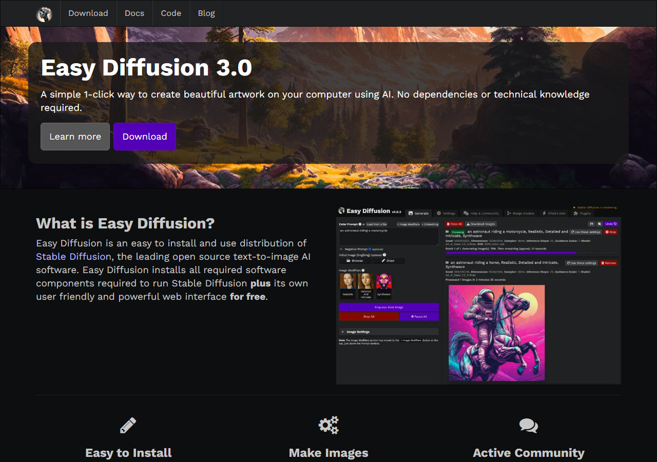 Easy Diffusion 공식 페이지 화면